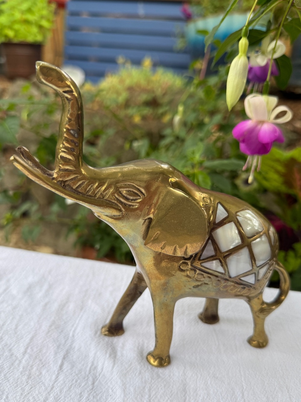 Vintage Brass Elephant Figurine Shell Inlay Made in India